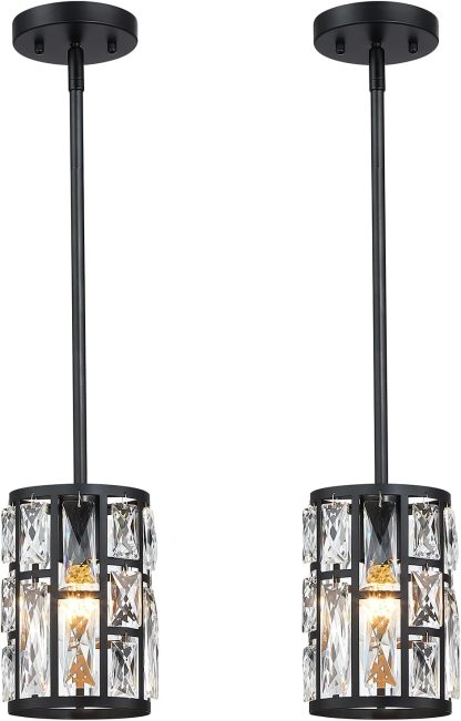Modern Crystal Pendant Light Fixture 3-Pack, Matte Black Finish Hanging Lighting, Crystal Chandelier for Living Room, Kitchen, Hallway