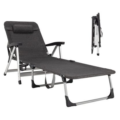 Folding Outdoor Chaise Lounge Chair with Cup Holder and Detachable Headrest