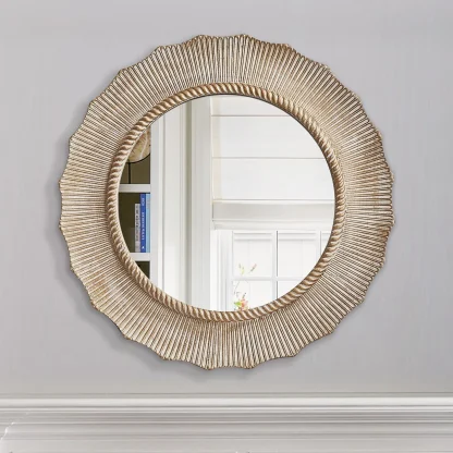 30 Inch Bohemian Beige Round Wood Bathroom Vanity Wall Mirror