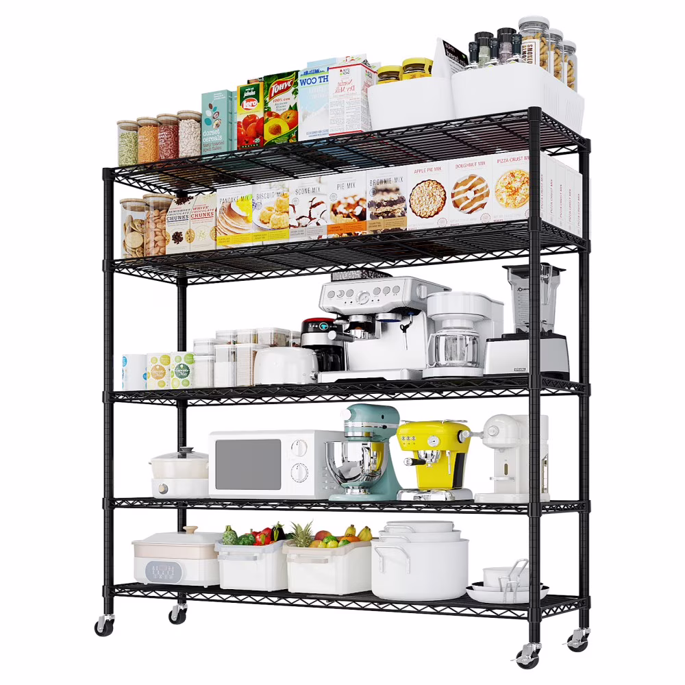 IVV 5-Tier Wire Shelving Unit with Wheels, 3125LBS NSF Heavy Duty Adjustable Metal Storage Rack for Garage,Pantry,Kitchen,Business,Warehouse, 59.06"W x 17.72"D x 74.02"H (Black)