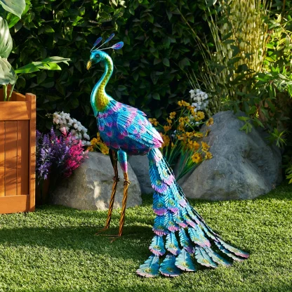 Tall Metallic Peacock Garden Statue, Multicolor Outdoor Standing Bird Sculpture for Yard, Patio and Garden Decoration