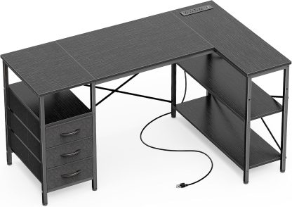 L Shaped Office Desk with Power Outlets & 3 Drawers