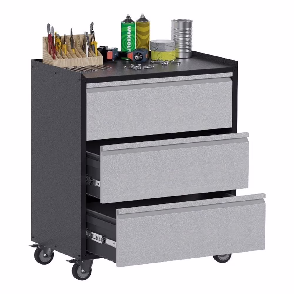 GangMei Three Drawers Metal Garage Storage Cabinet with Wheels in Gray