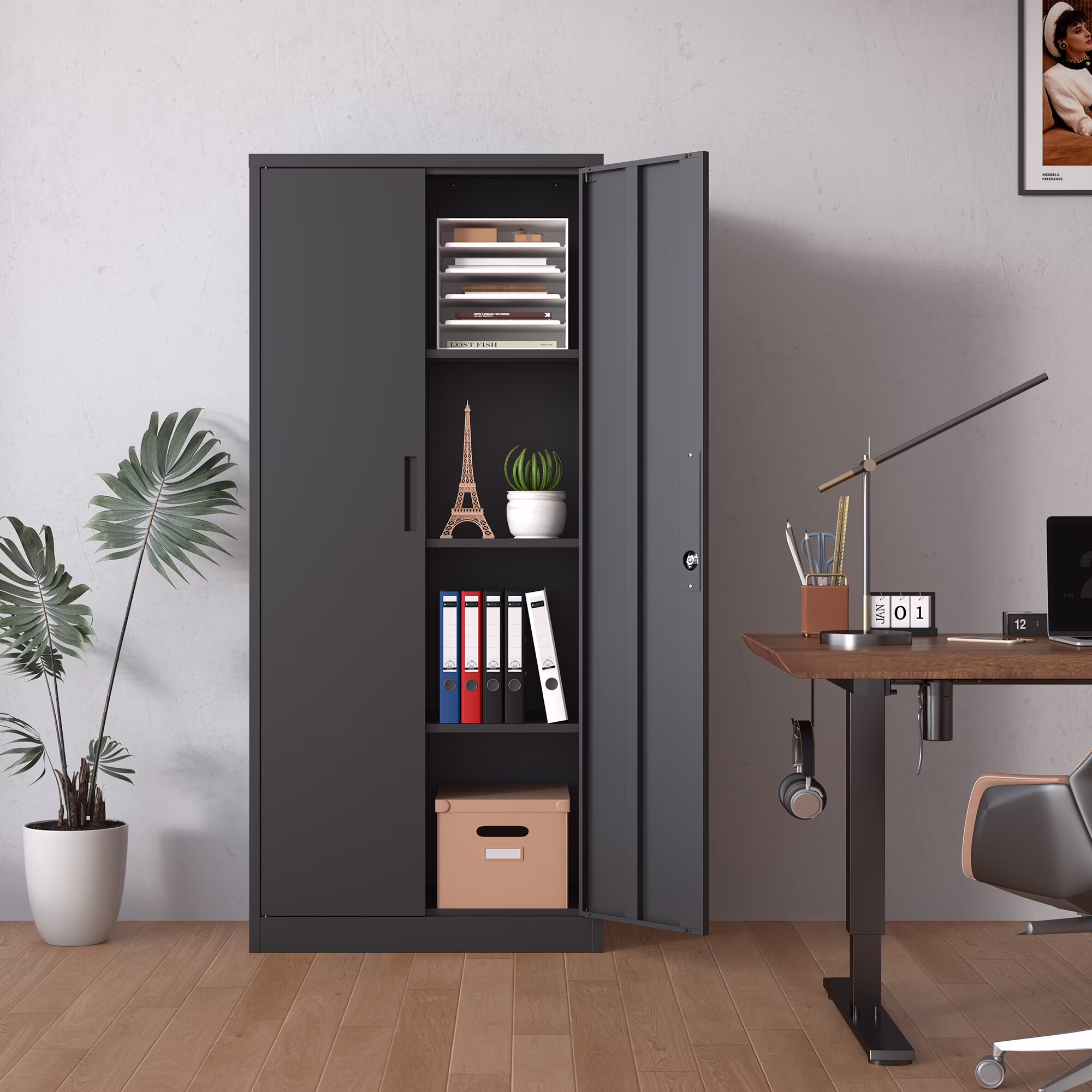 DUOSONG 71"H Metal Garage Storage Cabinet, Black Tool Steel Locking Cabinet With Doors And 3 Shelves, Tall Cabinets For Garage Storage Systems Lockable File Cabinet For Home Office, Classroom/Pantry