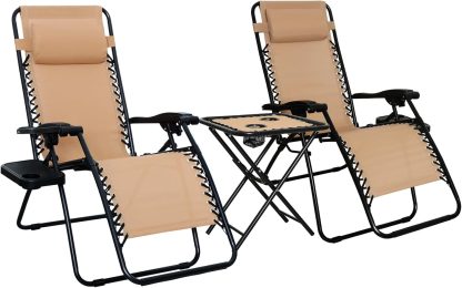 Outdoor Textilene Adjustable Zero Gravity Folding Reclining Lounge Chair Set with Cup Holder, Side Table, Headrest, Weather-Resistant, 35 x 26 x 43 inches, Beige, 2-Pack