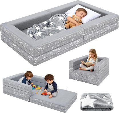 Portable Toddler Travel Bed, 3 in 1 Foldable Toddler Floor Bed No Assembly