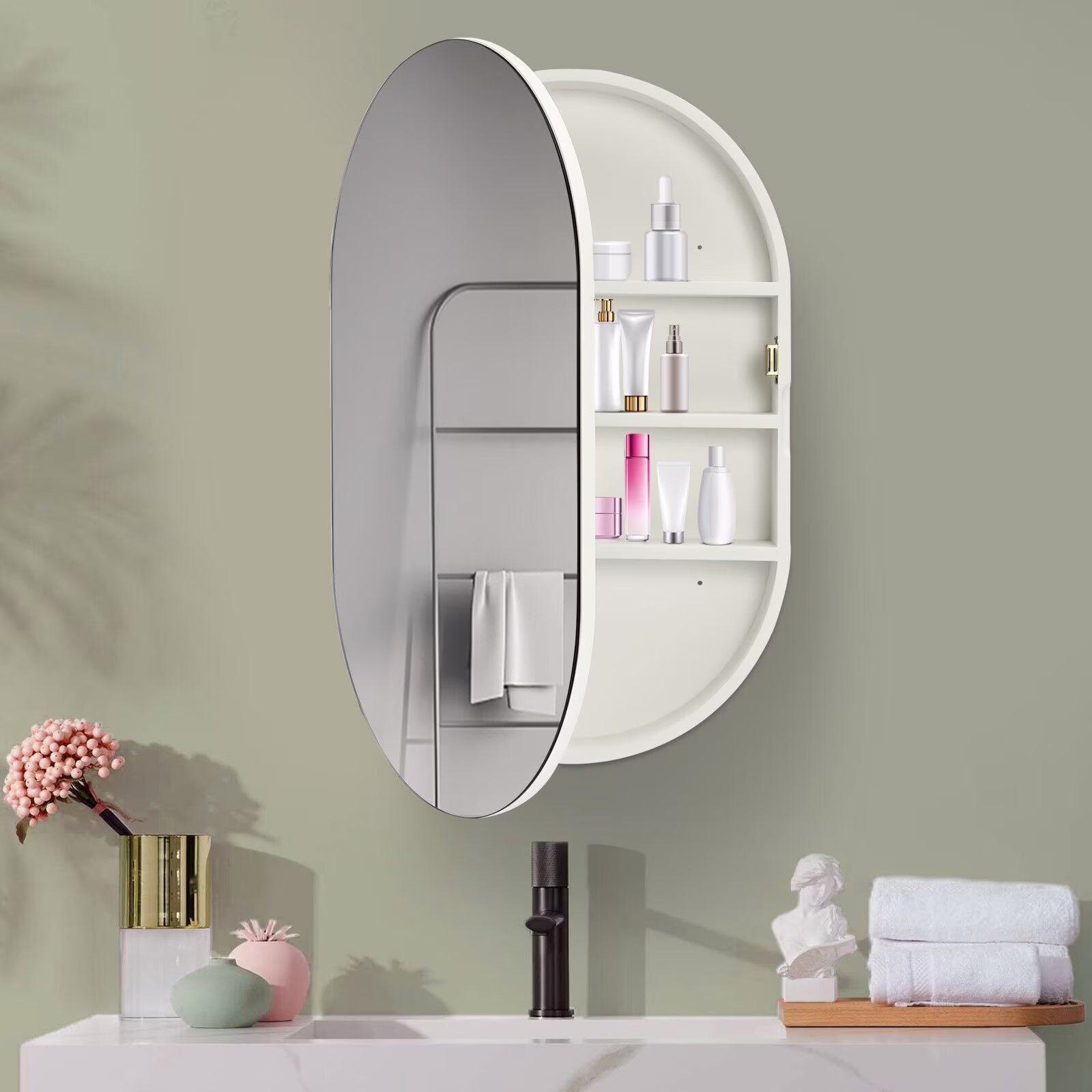 Fichiouy Bathroom Mirror Cabinet Oval Wall Mounted Cabinet Storage Cabinet with Mirror for Bathroom 19.76" x 30.82"