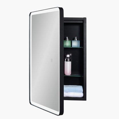 LED Bathroom Medicine Cabinet with Round Corner Framed Mirror Door 22 x 20 inch, Recessed or Surface Mount, with Adjustable Glass Shelves Shelves