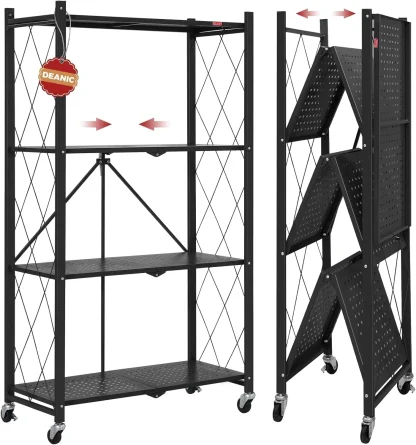 4 Tier Foldable Storage Shelves with Wheels, Large Capacity Shelving Unit, Freestanding Metal Wire Shelf Rack, No Assembly Organizer Rack for Garage Kitchen, Basement, Pantry(Black)