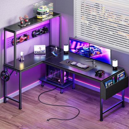 L Shaped Gaming Desk with LED Lights & Power Outlets