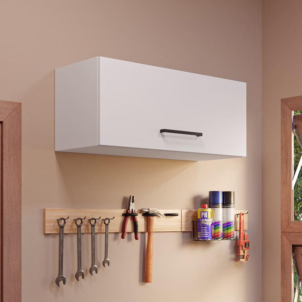 Madesa Slim Garage and Utility Room Wall Storage Cabinet with Horizontal Door and Shelves 31 Inch Wooden Organization Unit - White