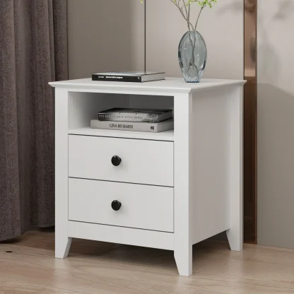 21.7 Inch Tall White Nightstand, 2 Drawers and 1 Open Shelf Bedside End Table