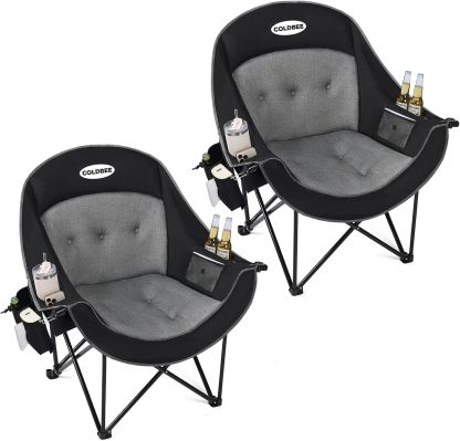 2PCS Oversized Camping Chairs, Heavy Duty Padded, Thick Headrest, Black
