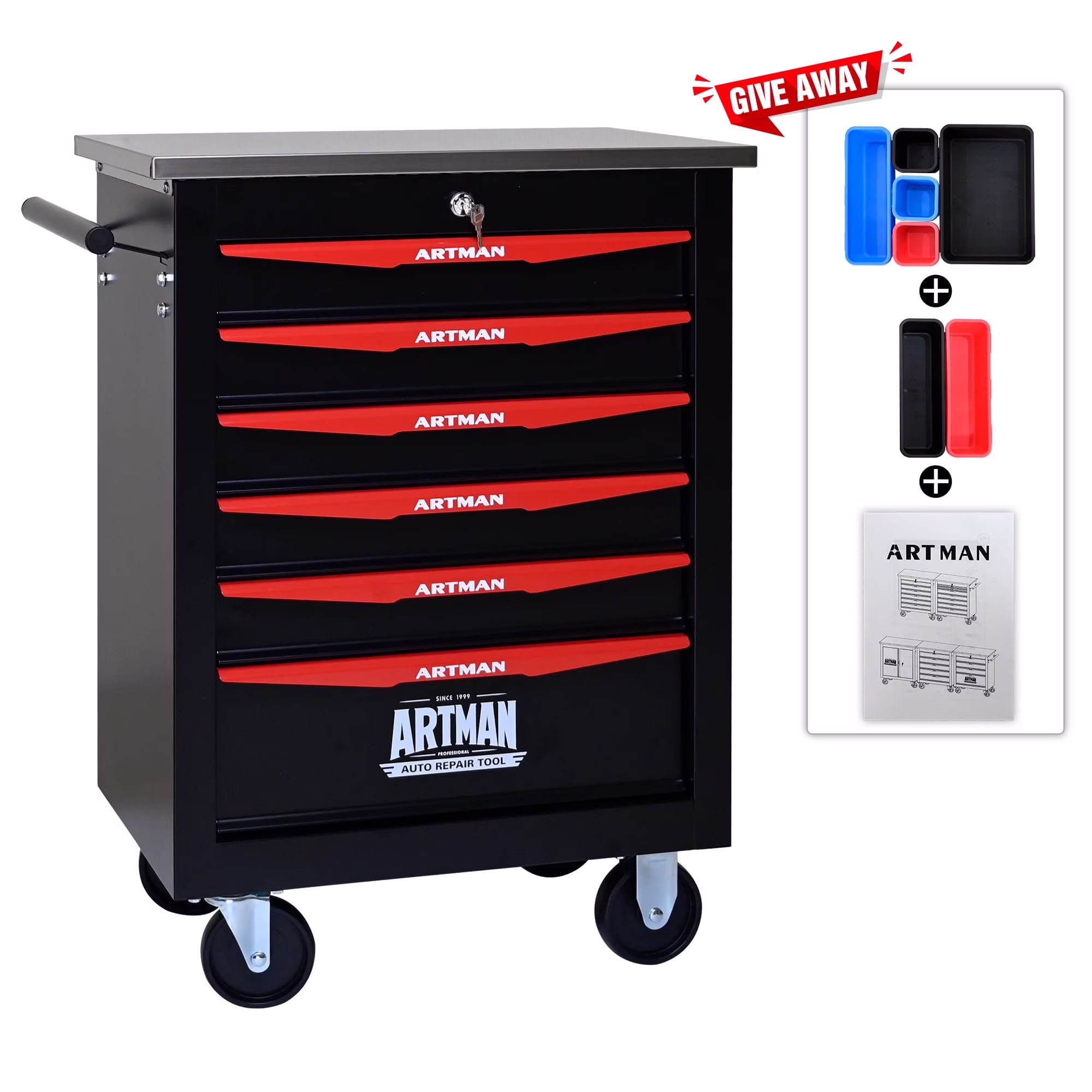 ARTMAN 6 Drawers Metal Rolling Storage Tool Chest Cabinet Cart with Wheels,with Key Locking and Parking Brake, Tool Box for Garage Workshop Warehouse