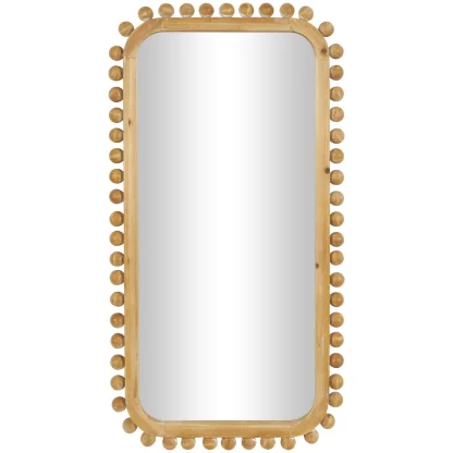 Brown Wood Wall Mirror with Beaded Frame, Rustic Decorative Mirror for Home