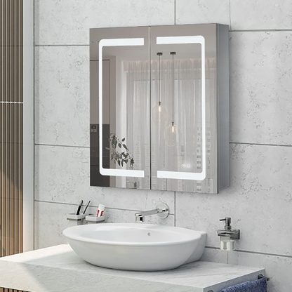 24 Inch x 28 Inch Illuminated LED Mirror Cabinet for Bathroom, Stainless Steel Wall Mounted Medicine Cabinet with Double Touch Switches for Color Change, Dimmer & Anti-Fog Function