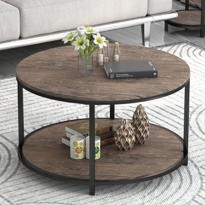 Round Coffee Table, 36" Coffee Table for Living Room, 2-Tier Rustic Wood Desktop with Storage Shelf, Modern Design Home Furniture (Light Walnut)