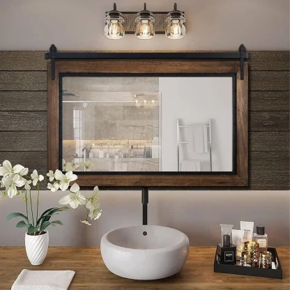 Farmhouse Barn Door Style Bathroom Vanity Mirror, Natural Wood Wall Mirror for Bathroom, Bedroom and Entryway