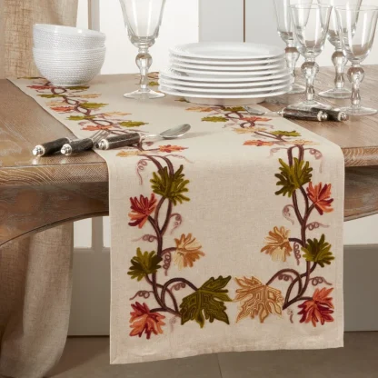 16x72 Inch Embroidered Fall Leaf Table Runner, Autumn Decorative Dining Table Runner for Home and Holiday Decor