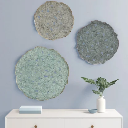 Textured Feather 3-Piece Metal Disc Wall Decor Set, Decorative Wall Art for Home
