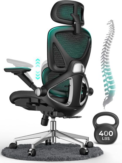 Ergonomic Mesh Office Chair, Adjustable Lumbar High Back Desk Chair 400lbs, 4D Flip-up Arms, 3-Level Tilt Backrest, 3D Headrest, PU Wheels, Swivel Rolling Computer Seating for Long Desk Work