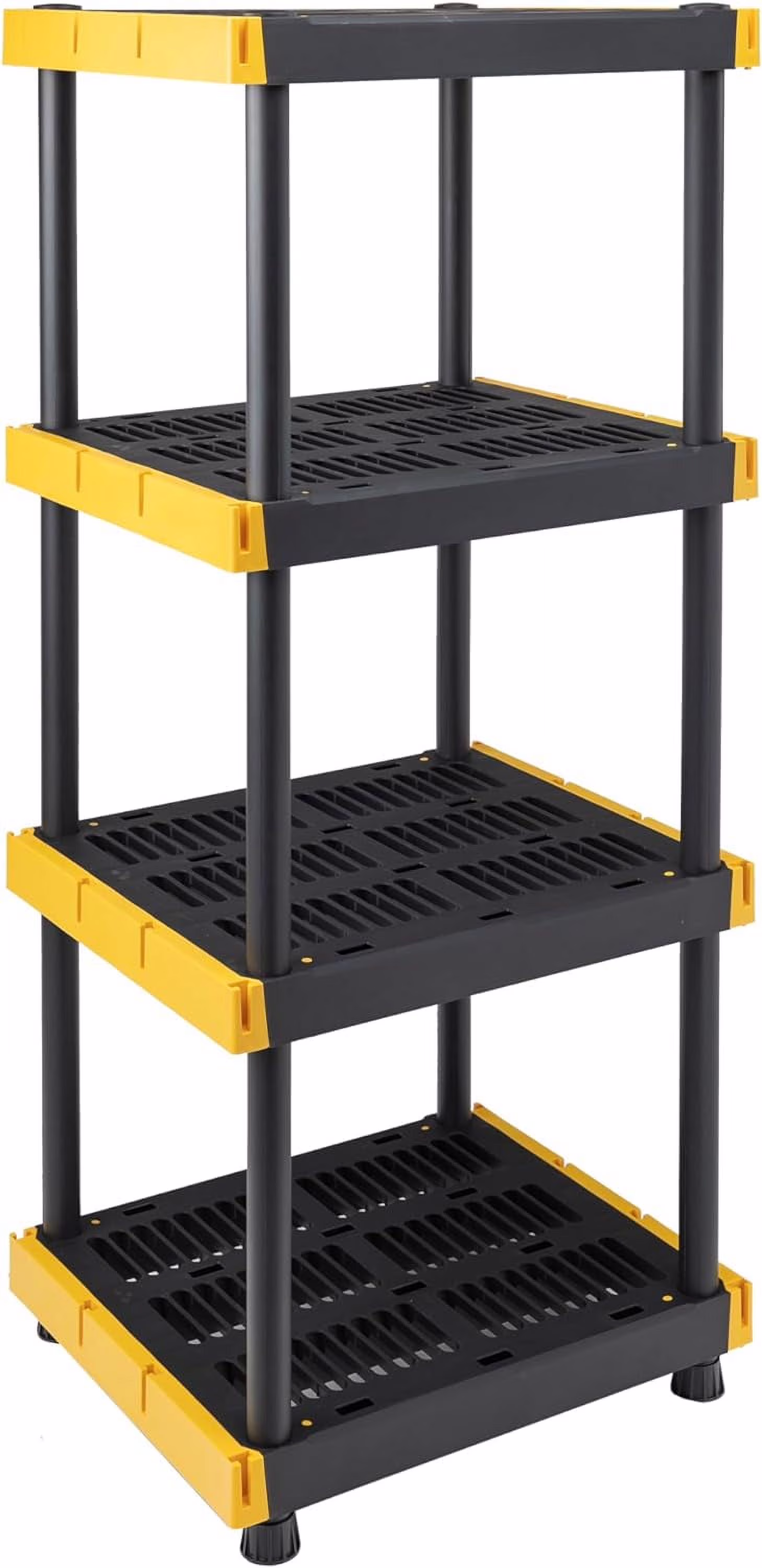 BLACK & YELLOW 4-Tier Heavy Duty Plastic Storage Shelving Unit, 100lbs/shelf (55"H x 24"W x 20"D), for Indoor/Outdoor Organization, Modular Rack, Extremely Durable, Made in The USA