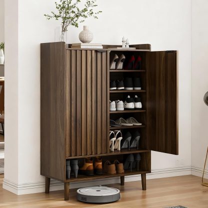 Shoe Cabinet with 2 Flip Drawers, 23.6" Natural Hidden Shoe Storage Cabinet with Fluted Design, Freestanding Shoe Organizer Cabinet for Entryway, Hallway, Closet, Living Room