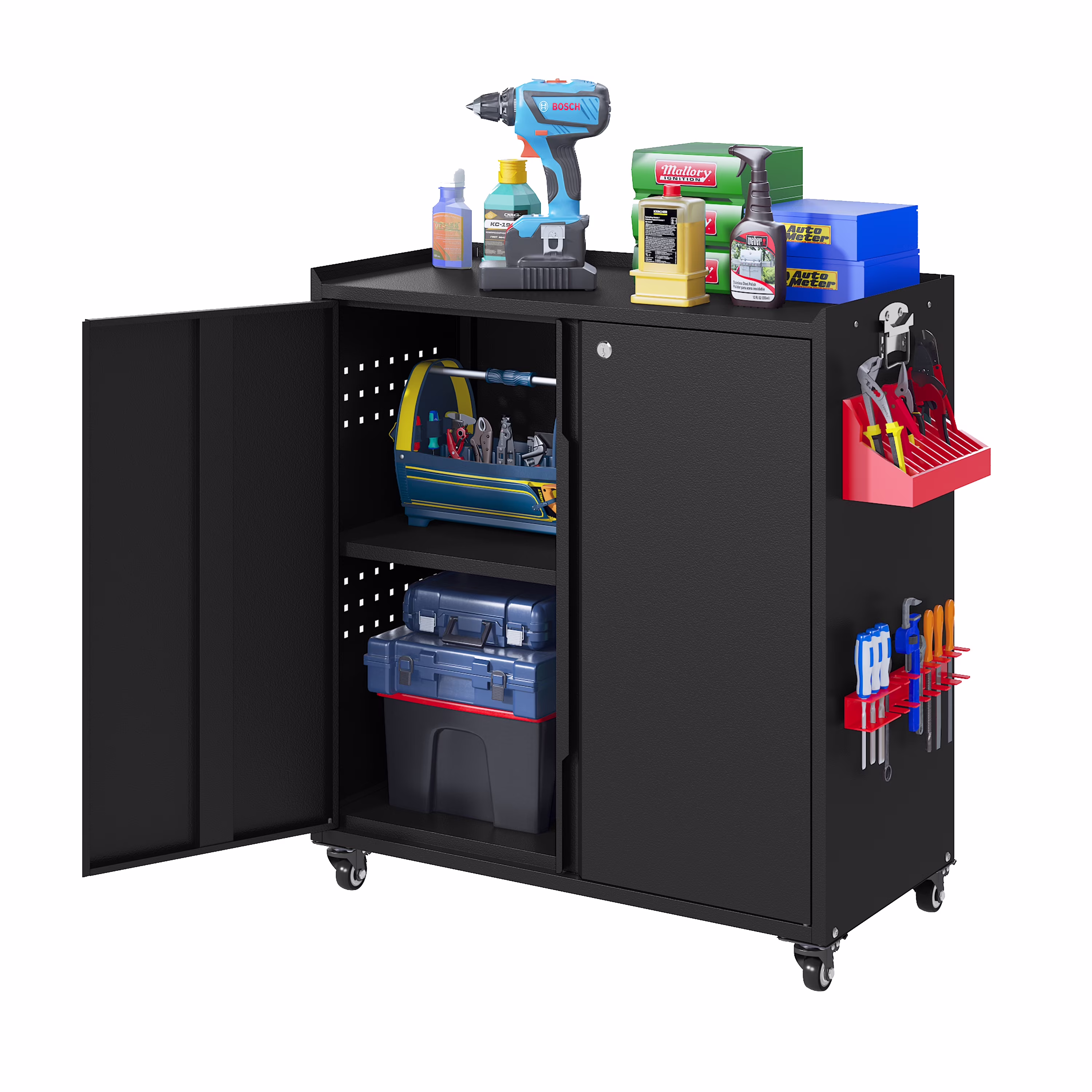 Metal Storage Cabinet with Wheels,Tool Storage Cabinet with Doors and Shelves Adjustable,Heavy Duty Garage Storage Cabinet,Steel Locking Storage Cabinet for Garage/Warehouse/Office/School/Home-Black