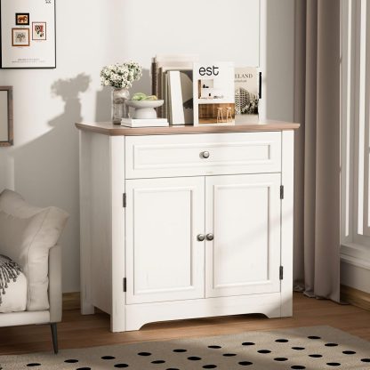 Buffet Cabinet with Storage and Drawer Sideboard Coffee Bar with Adjustable Shelves and Doors, White Accent Cabinet Credenza Console Organizer Modern Coffee Bar for Kitchen Dining Room Living Room