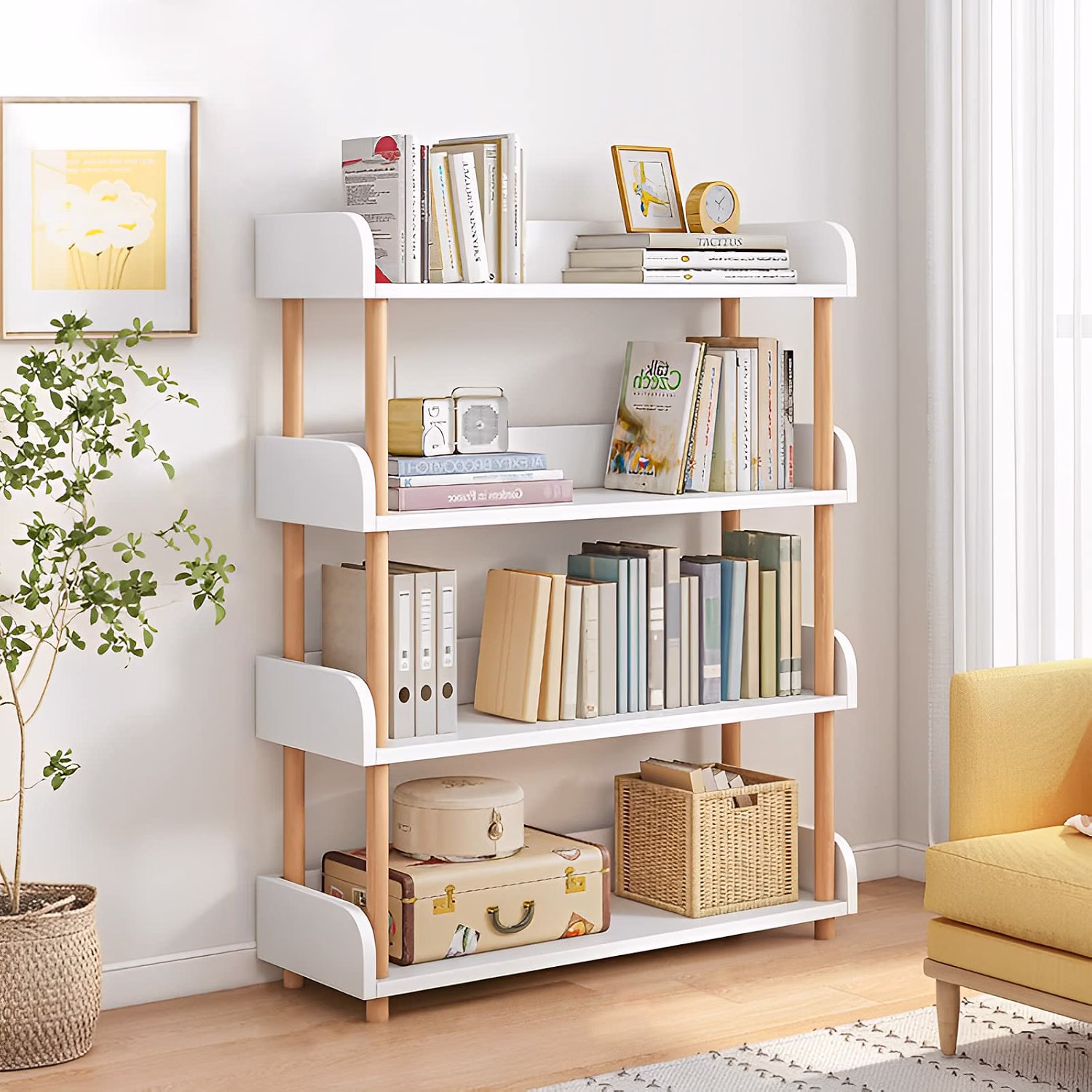 4-Tier Wooden Open Bookcase, Warm White