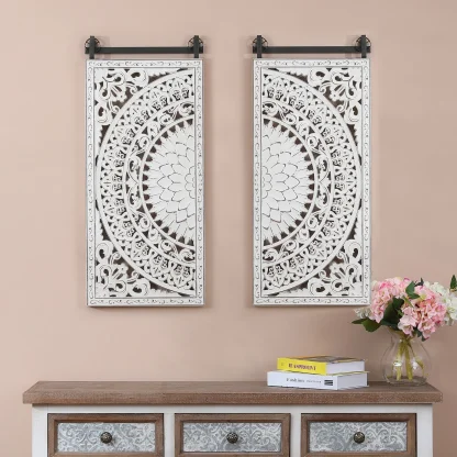 Set of 2 Distressed Ivory White Wood Flower Wall Art with Black Accents