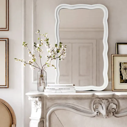 Curved Scallop Wood Frame Accent Mirror, Modern Decorative Wall Mirror for Living Room, Bedroom and Entryway