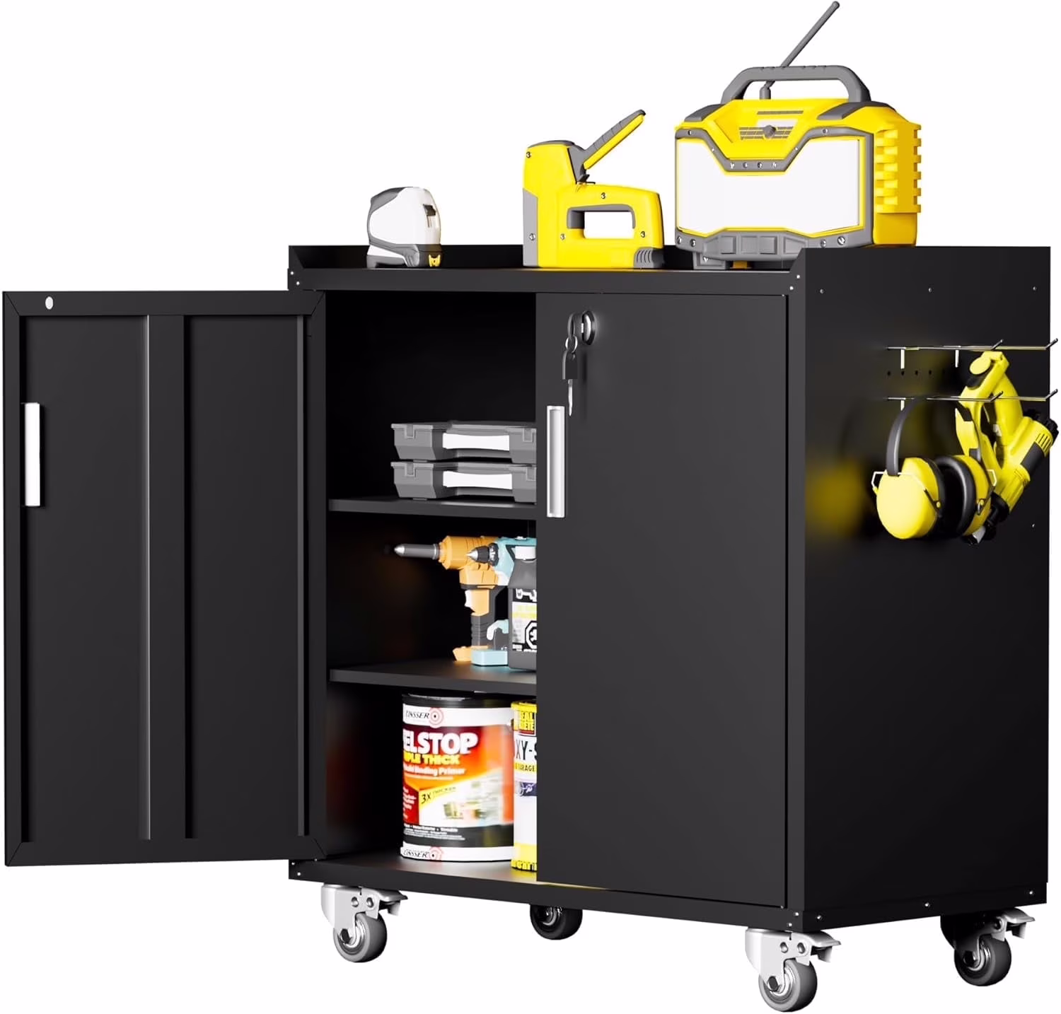 GXK-Home Metal Garage Storage Cabinet With Lock and Hook Hole,Tool Chest with Wheels for Workshop,Black