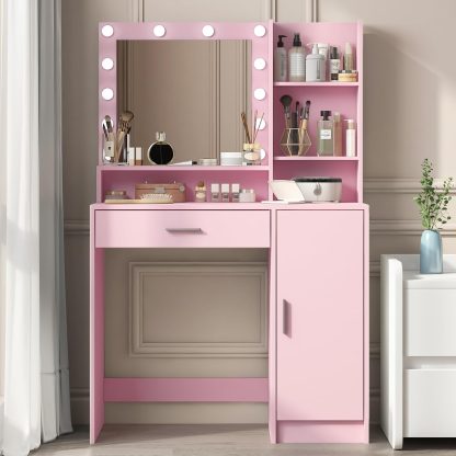 Vanity Desk with Mirror & Light, Large Drawer Three Level Storage Dresser, 3 Lighting Modes Adjustable Brightness, Bedroom Dressing Table