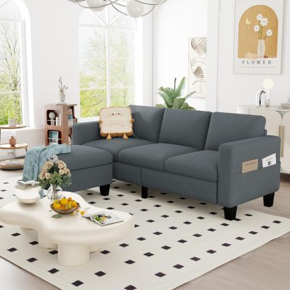 Convertible Sectional Sofa Couch,Classic 3 Seat L-Shaped Sofa with Movable Ottoman, Modern Dark Grey Velvet Fabric Upholstered Small Sectional Sofa Couch for Small Apartment Living Room Office