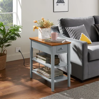 Narrow 2-Tone End Table with USB Charging Ports, Small Space Side Table