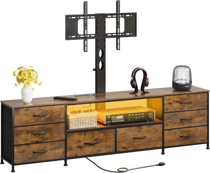 70.8" W TV Stand with Mount and Power Outlet for 65/70/75/80 Inch TV, Farmhouse Entertainment Center with 8 Fabric Drawers, LED Lights and Open Storage Shelves for Living Room