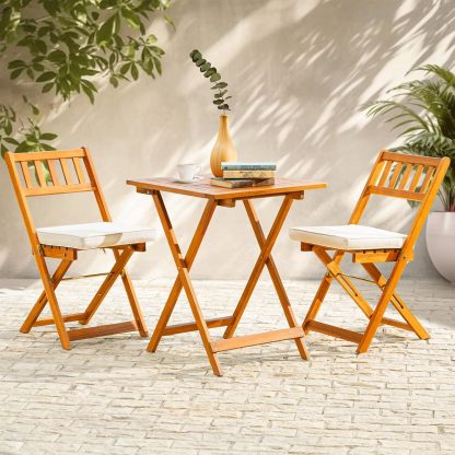 Heavy Duty 400lbs Capacity Patio Bistro Sets, 3 Piece Outdoor Folding Chairs with Cushions and Square Table, FSC-Certified Acacia Wood, Space-Saving Design for Balcony, Garden and Porch