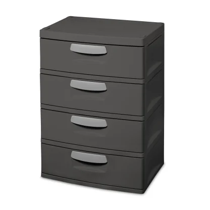Sterilite 4 Drawer Unit, Durable Plastic Storage Solution for Garages and Basements, Dark Gray