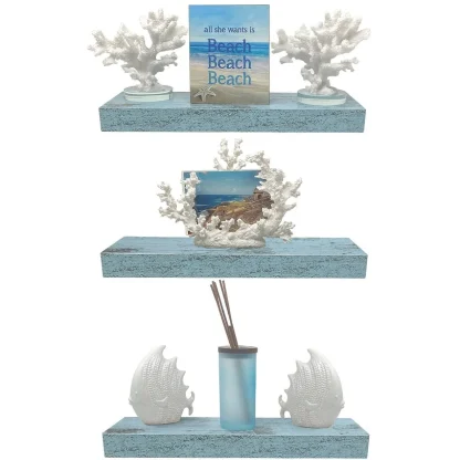 3-Pack Rustic Wood Floating Wall Shelves, Beach Style Hanging Display and Storage Shelves