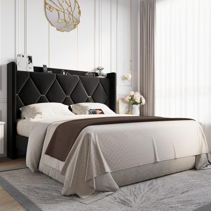 Queen Bed Frame with Storage Headboard & Smart Charging Station