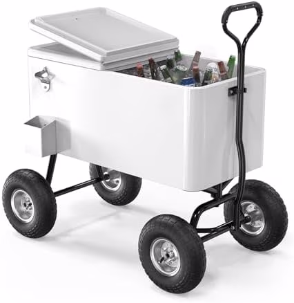 80 Quart Wagon Rolling Cooler Ice Chest, /Long Handle and 10" Wheels, Portable Beach Patio Party Bar Cold Drink Beverage, Outdoor Park Cart on Wheels