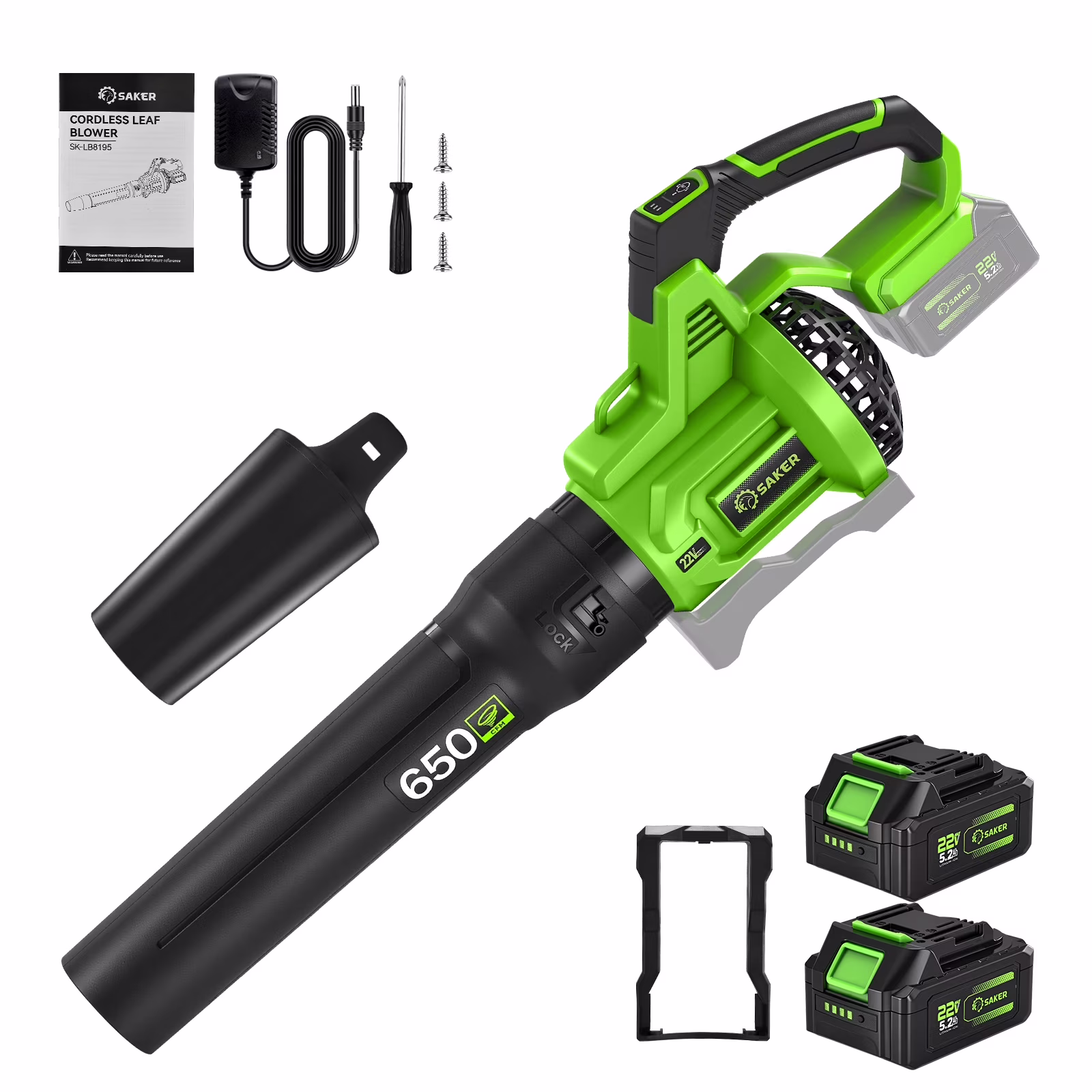Saker Cordless Leaf Blower with 2x 5.2Ah Batteries, 650CFM, 150MPH, 3 Speed Levels, Electric Leaf Blower for Lawn Care, Leaves Blowing, Patio Cleaning
