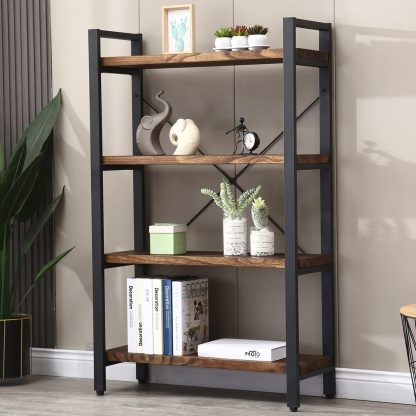 5-Tier Bookcase, Rustic Vintage Industrial Etagere Bookshelf, Solid Wood & Metal Freestanding Bookcase, Retro Brown