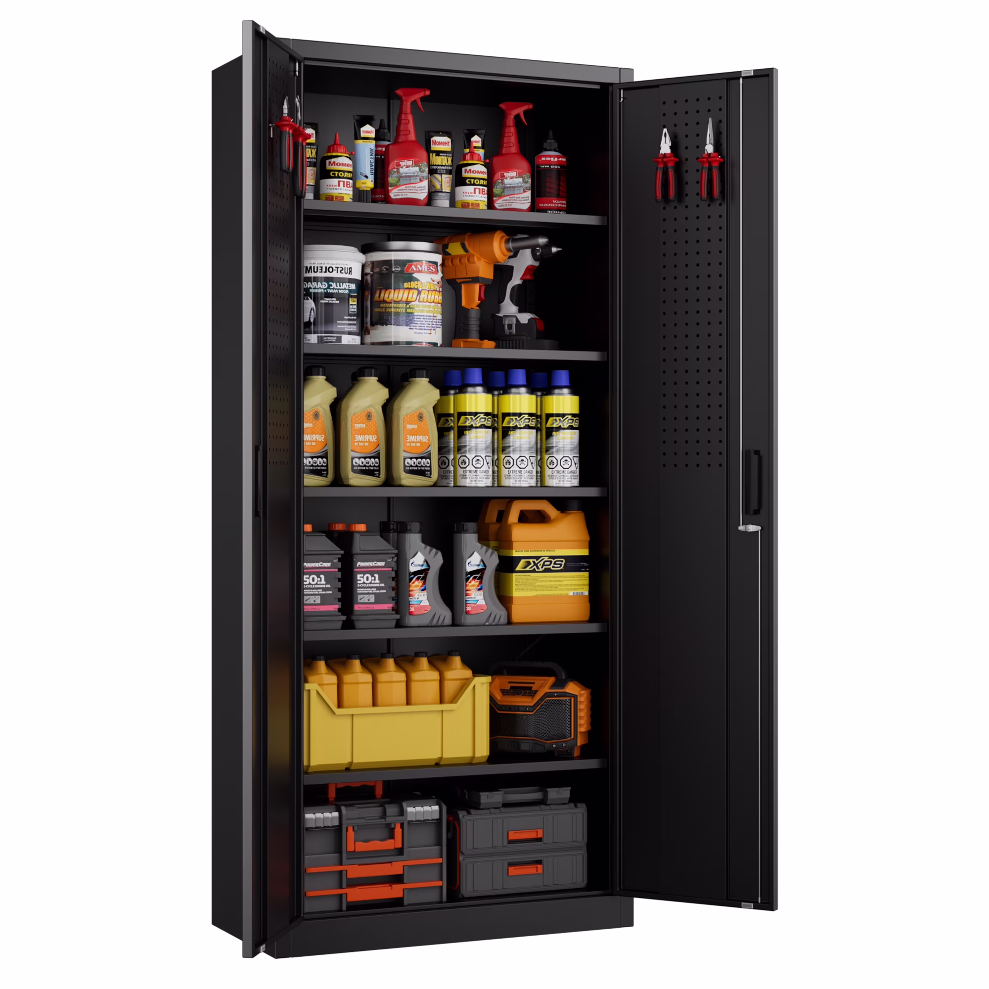 GAEANET 2 Door Metal Storage Cabinet with 5 Adjustable Shelves &Pegboard, 71" H-32" W-16" D Locking Steel Garage Cabinet, for Garage,Office,Home,Gym,School, File Cabinet,Assembly Required, Black