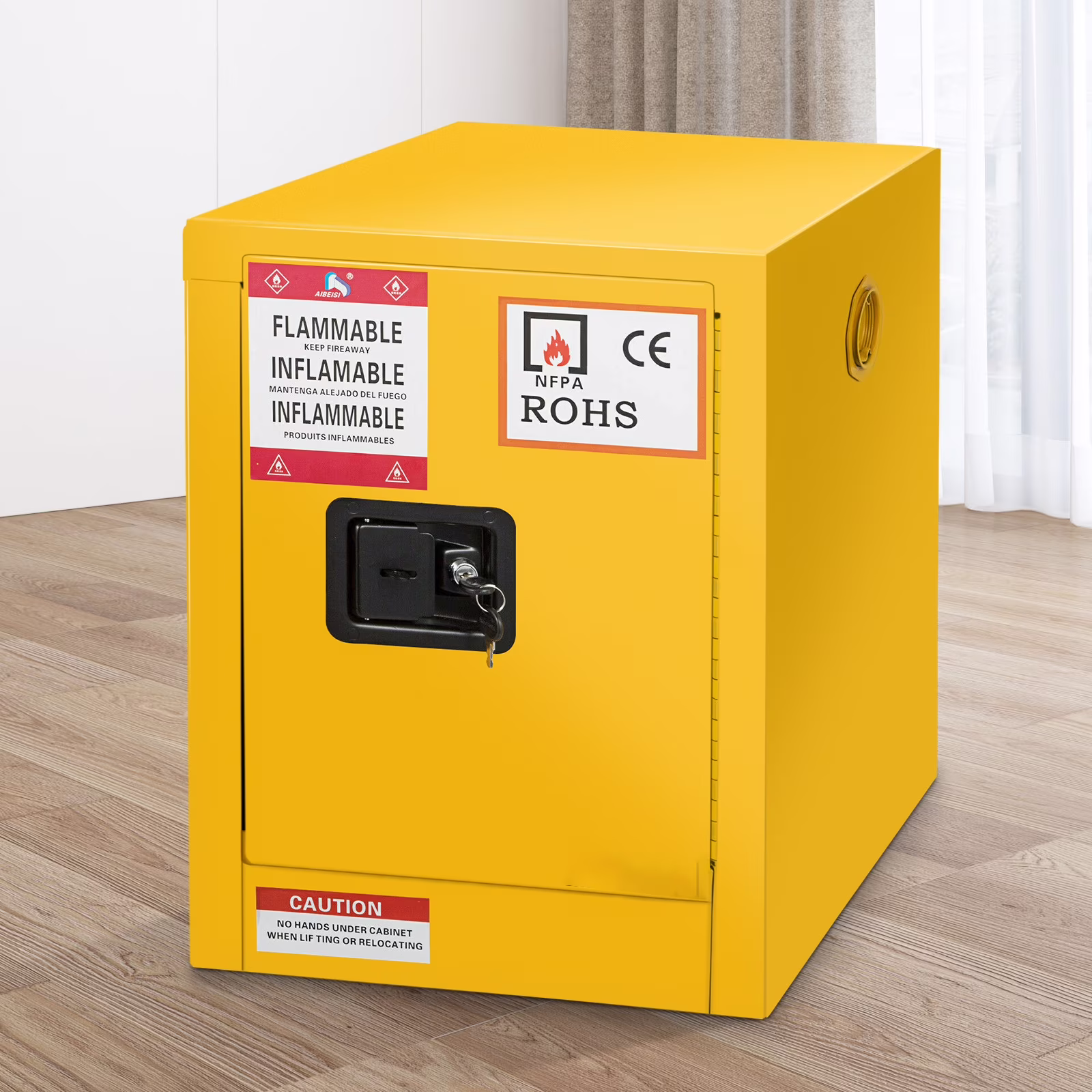 BENTISM Safety Cabinet for Flammable Liquids Single door and Manual Close Yellow Hazardous Storage 43 x 43 x 46CM