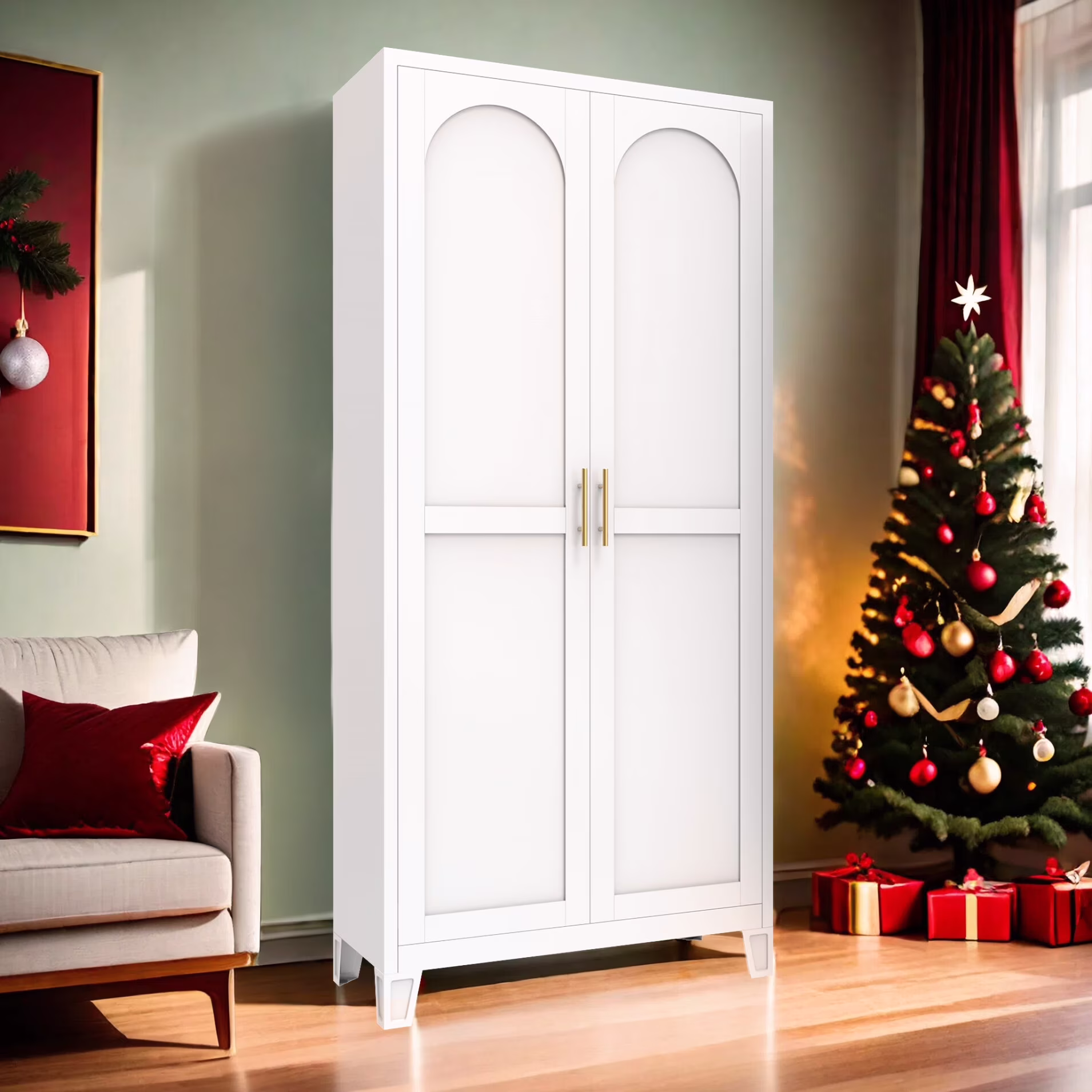 71 Inch Metal Storage Cabinet with 2 Doors and 5 Adjustable Shelves, Lockable File Cabinet for Organizing Garage, Pantry, Basement, Laundry Room or Mudroom, White